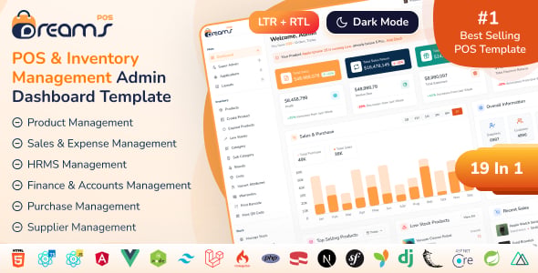 DreamsPOS - POS, Sales Analytics & Inventory Management Dashboard (React, Tailwind, Nextjs, Angular)